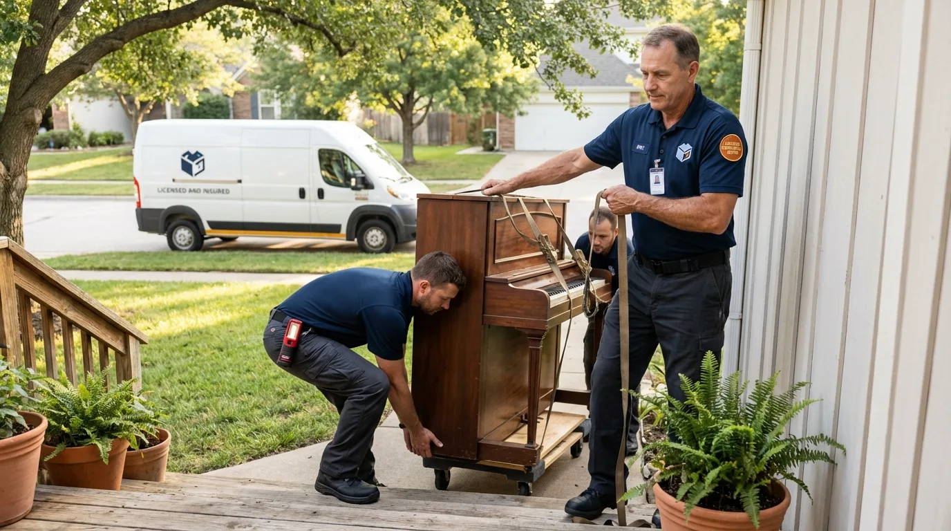 Licensed piano movers securing grand piano in Ringwood, NJ