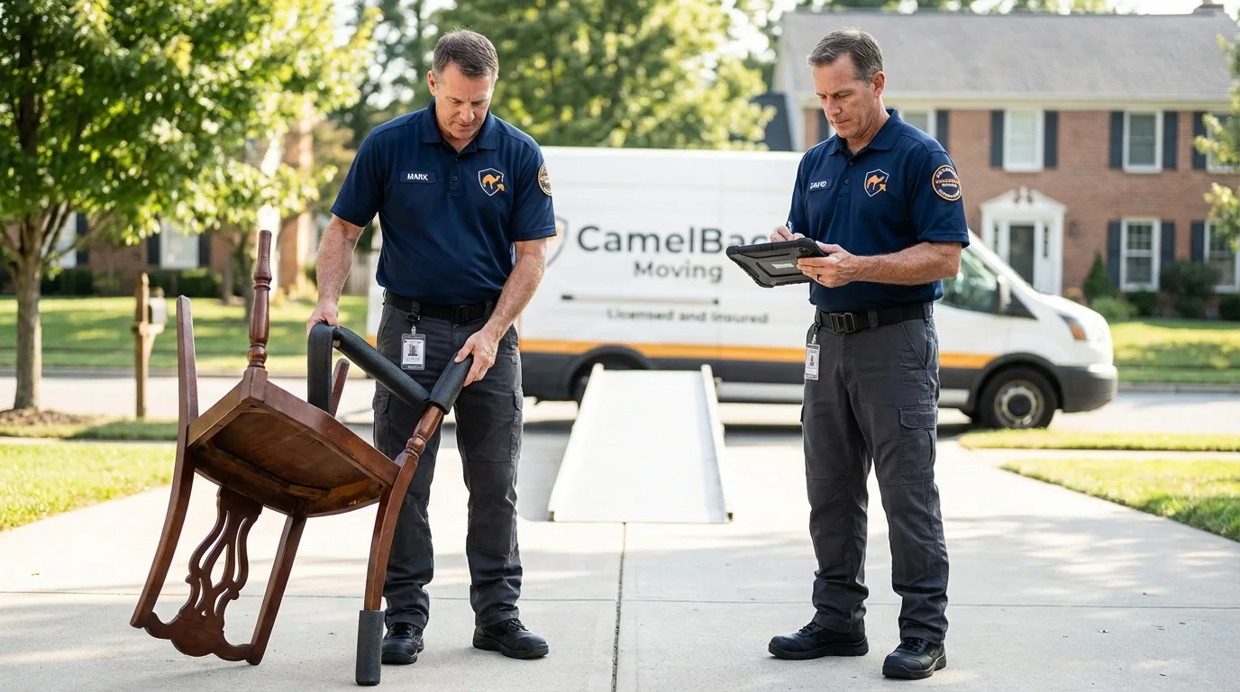 Movers inspecting furniture for damage prevention before loading in Ringwood, NJ
