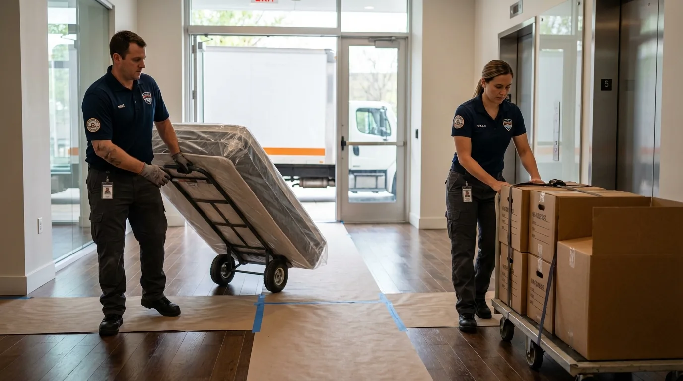 Professional apartment movers loading elevator in Ringwood, NJ
